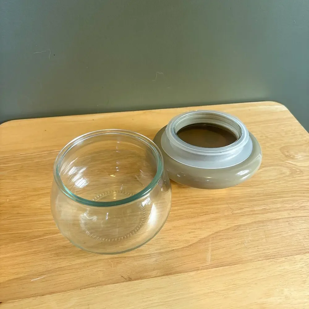 Mushroom Shape Glass Storage Jar with Gray Gold Polka Dot Lid Cottagecore